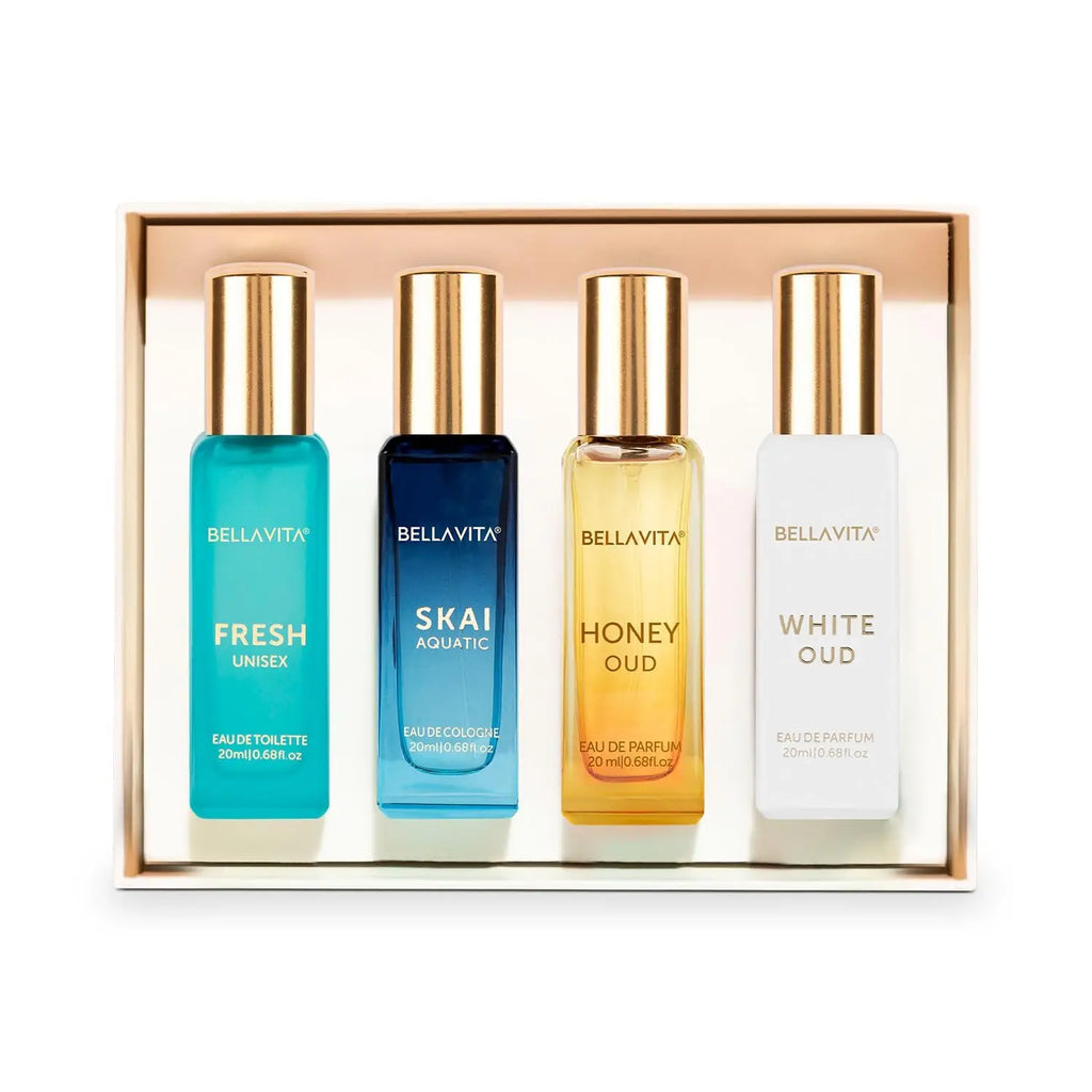 Generic Bella Vita Luxury Unisex Eau De Parfum Gift Set 4 x 20ml for Men & Women with SKAI, FRESH, WHITEOUD, HONEY OUD Perfume Long Lasting EDP Fragrance Scent 4~11days